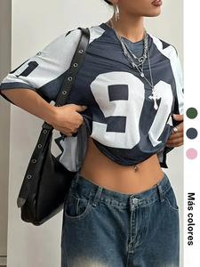 Playera de Mujer con Estampado de Números, Casual, Suelta, Manga Media para Verano, Ropa de Dama para Uso Diario, Top