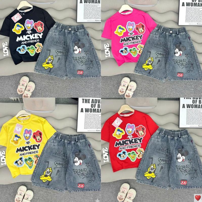 MinMinKid2 17-55kg dưới 1m6 Set áo thun cotton in hoạ tiết CHUỘT hoạt hình nổi bật phối quần ngố cá tính cho bé gái