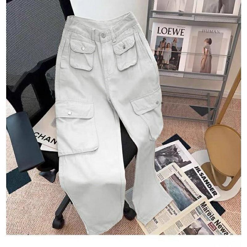 Cargo Denim Pasir Putih Highwaist Loose Celana Jeans Wanita Korea 7