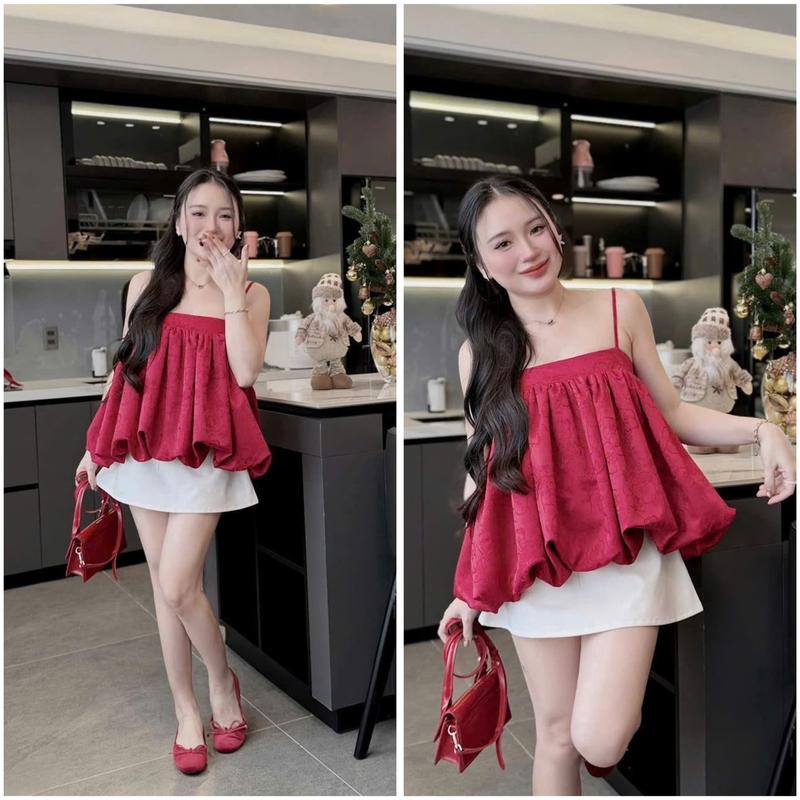  Sét áo gấm hai dây phom xòe bí kèm chân váy ngắn dáng chữ A phong cách nữ tính 