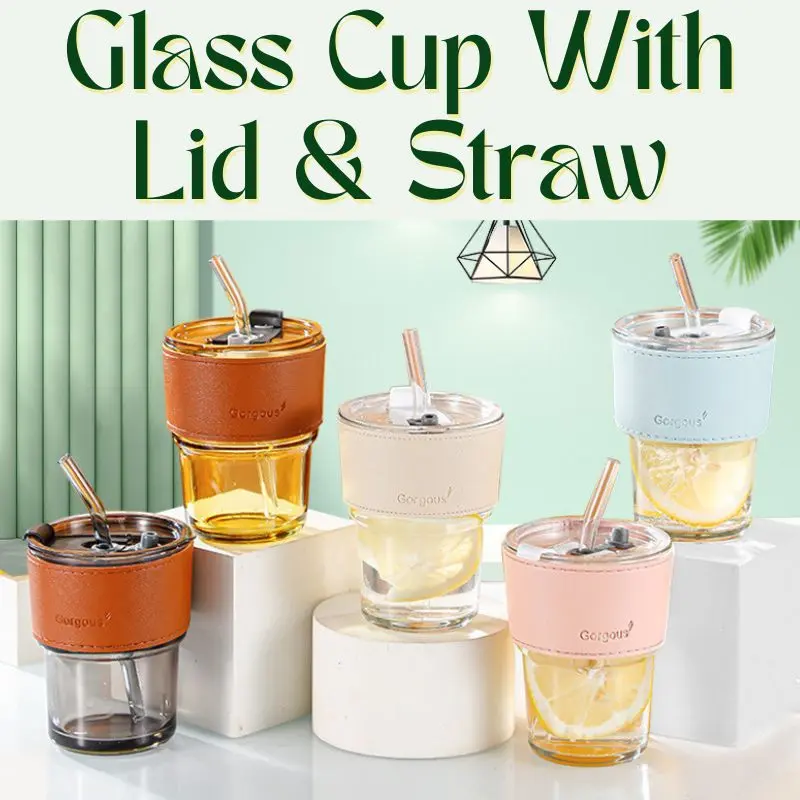 Glass Straw Cup with Lid Heat Cold Resistant | Coffee Glass Mug with Box | Gelas Air dgn penutup dan straw | With box