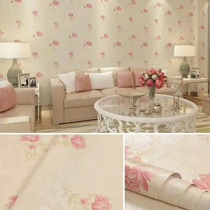 Wallpaper dinding motif bunga mawar crem dan bunga toska