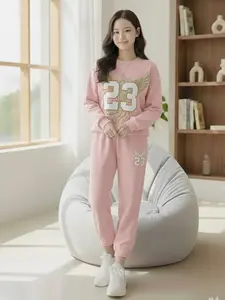 Setelan Anak Dan Remaja Perempuan Celana Jogger Bahan Fleece Lembut Tebal Desain Trendy Usia 9-14 Tahun Fashion Stilysh Motif Gold Garuda 23 Warna Pink Baby