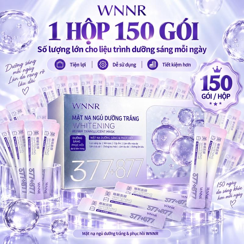 Hộp 150 Gói Mặt Nạ Ngủ WNNR 377+877 | Chiết xuất Lá Trà + Niacinamide | Hỗ trợ Sáng Da, Mờ Thâm, Cấp Ẩm & Làm Dịu | Tiết Kiệm, Dùng Hàng Ngày