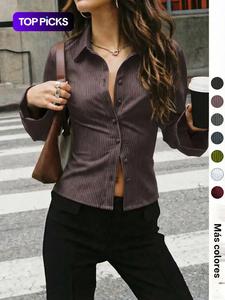 Blusa de mujer con estampado de rayas por completo y frente con botones, top casual de manga larga para primavera y otoño, ropa de damas para uso diario