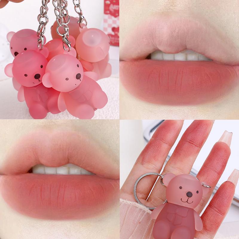 Product Introduction of 1Pc Bear Shape Lovely Keychain Lip Glaze Matte Silky Velvet Long Lasting Lipstick Waterproof Non-Stick Cup Lip Mud Lip Cosmetic for women beauty to choose 25