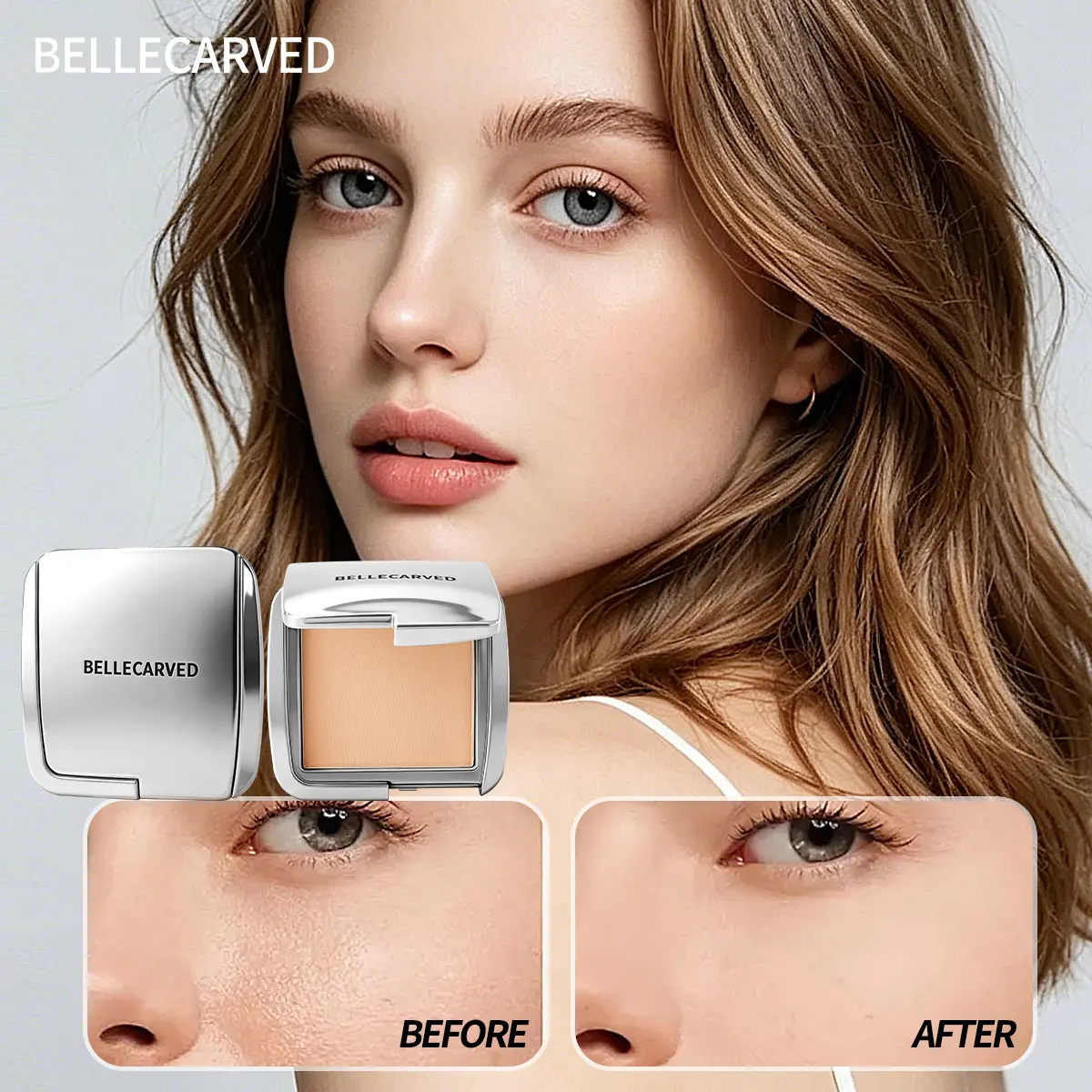 【BELLECARVED】Honey Powder Compact 10g Bedak Padat Oil Control Waterproof Soft Focus Concealing Powder Alcohol Free untuk Makeup Tahan Lama dan Natural - Cushion, Berminyak
