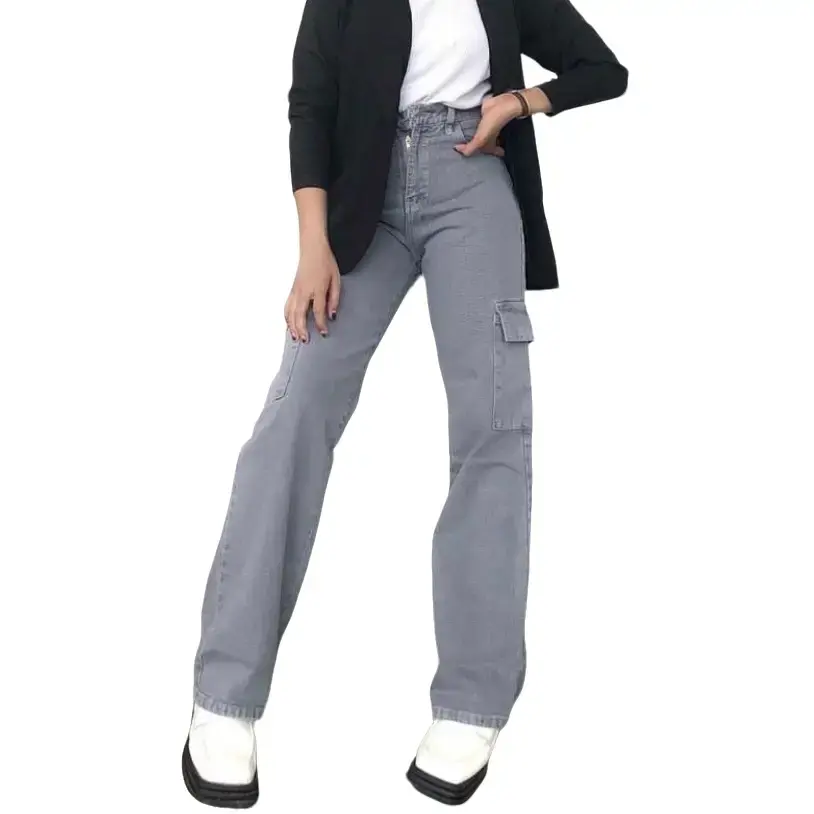 (27-34) Highwaist Loose Cargo Jeans Abu Grey / Celana Panjang Kekinian Wanita Cewek / Hw Cargo Basic Korean Style Murah Kekinian Non Stretch Nyaman dipakai