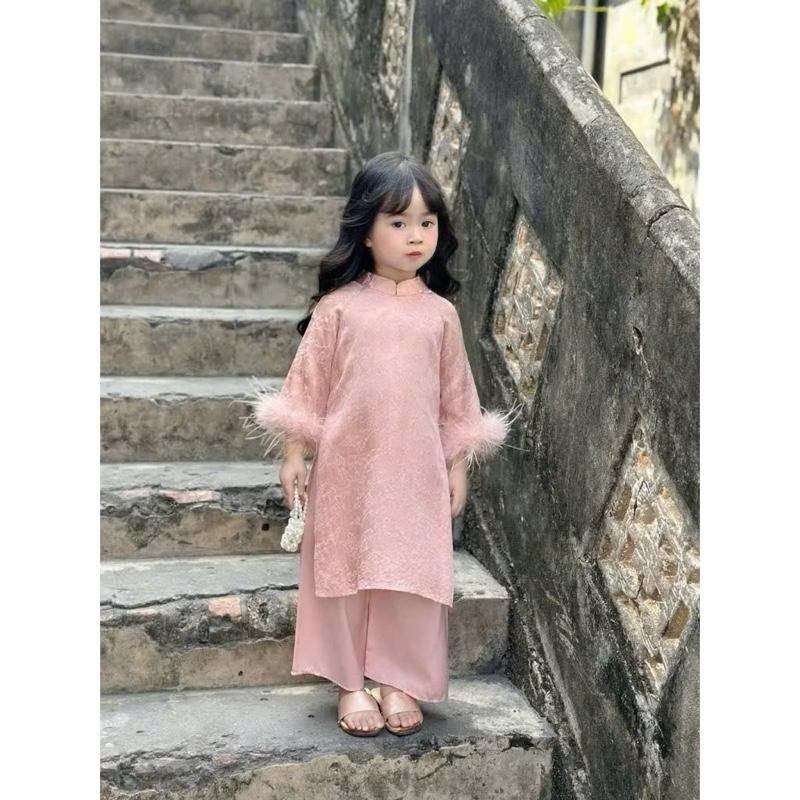  Sét áo dài 2 chi tiết: áo dài tay lông hoa thêu xinh xắn mặc tết 2 màu + kèm quần lụa xuông xinh cạp chun cho bé gái từ 8-30kg 