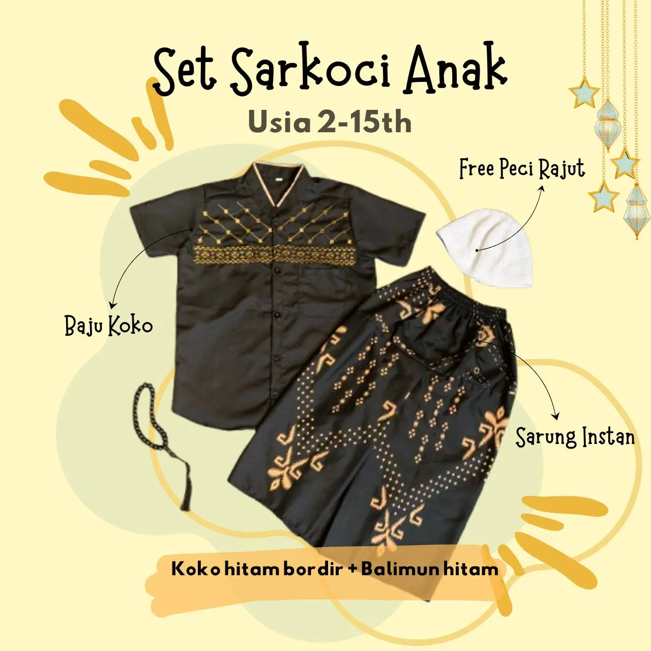 Bordir Hitam + Balimun Hitam + Peci