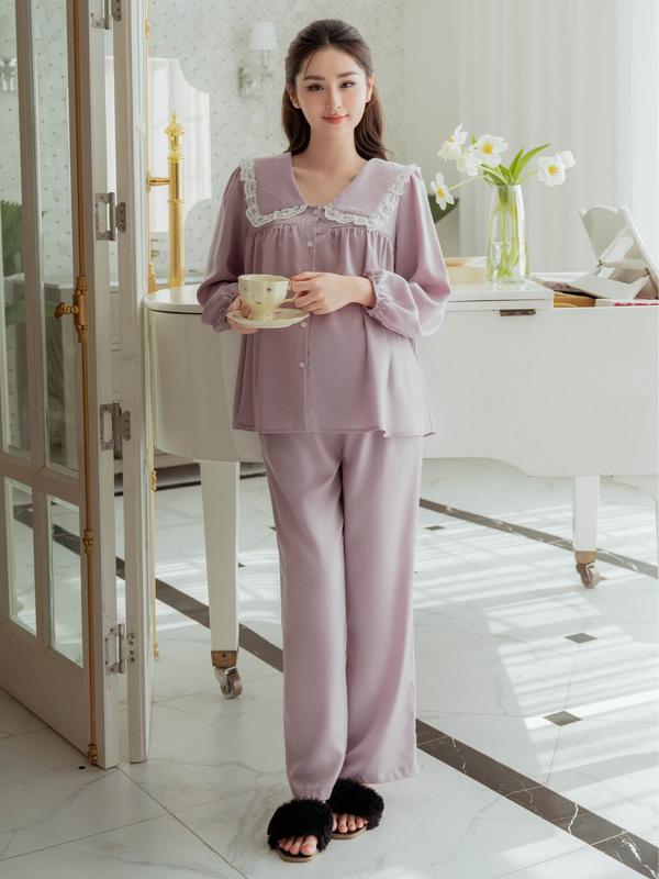 L'AMME Bộ mặc nhà bộ ngủ bầu MIE chất liệu lụa ngọc trai mềm mại thiết kế dài tay phối cổ nữ tính khóa kéo tiện lợi mặc bầu hoặc sau sinh đều được Lamme BE HAPPY . BE MOMMY Váy Bầu Đầm Bầu Bộ Bầu