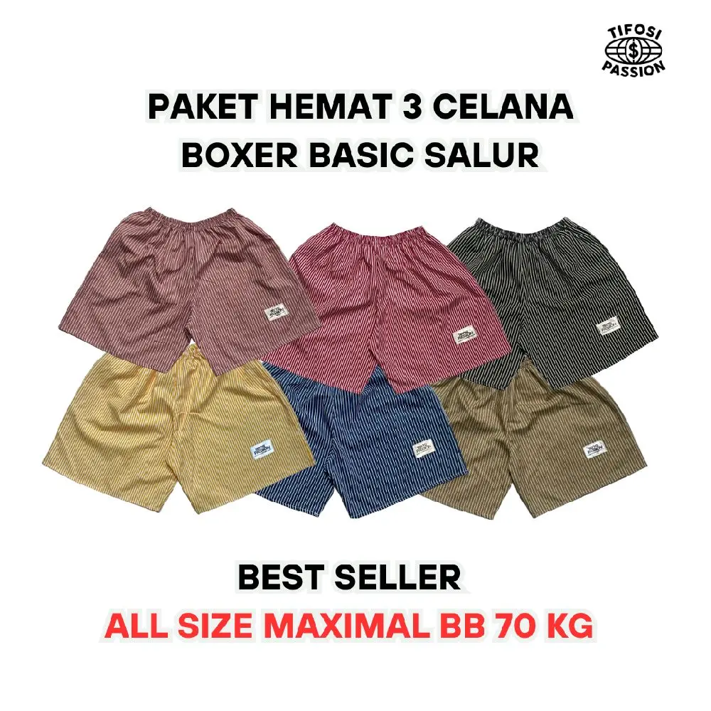 Paket 3 Boxer Basic Salur Unisex Celana Cowok Cewek-Celana Pendek Shorts Katun Dewasa Santai