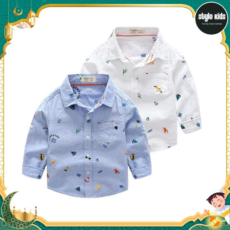 Baju Shirt Kemeja Fashion Anak Laki-Laki Lengan Panjang Warna Biru Dan Putih 0