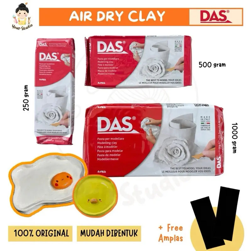 (WHITE) DAS Air Dry Clay Putih 500 Gram & 1000 Gram Original Made In Italy Tanpa Alat Gratis Amplas untuk 3-6 Kreasi DIY