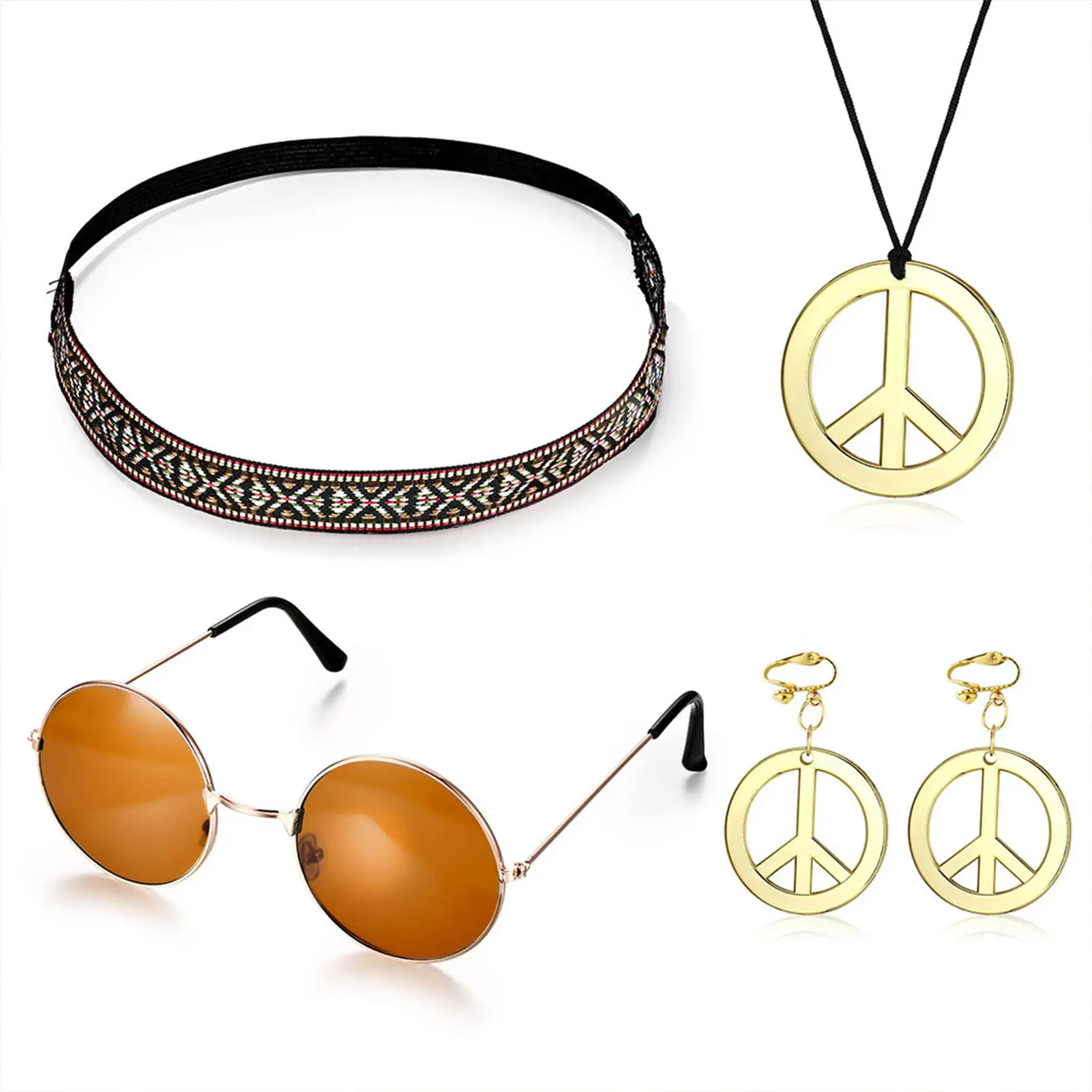 Hippie Costume Set Funky Afro Headband Sunglasses Peace Sign Necklace For 50/60/70s Theme Party  Christmas