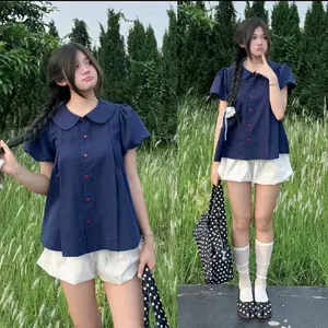Áo sơ mi nữ babydoll dáng phồng xếp ly tay bồng màu xanh phối nút đỏ  SMZ933