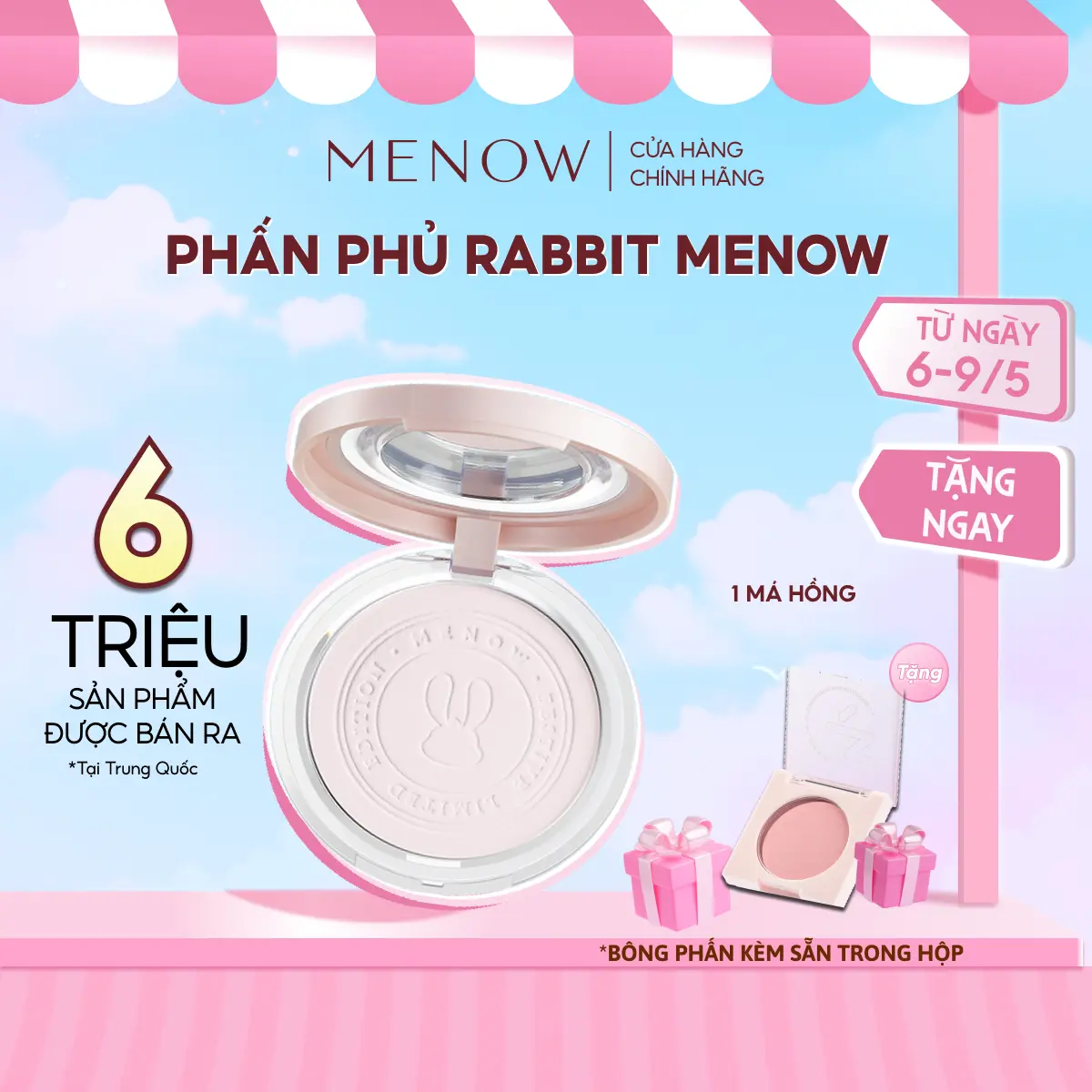 [MUA 1 TẶNG 1] Phấn phủ nén kiềm dầu, chống nước, che phủ hoàn hảo MENOW Rabbit Compact Powder 8.5g [TẶNG 1 MÁ HỒNG]