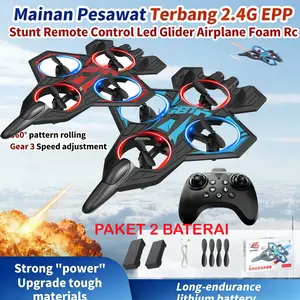 Mainan Pesawat Terbang drone 2.4G 2 BATTERY EPP Stunt Remote Control Led Glider Airplane Fiber Rc Pesawat Terbang