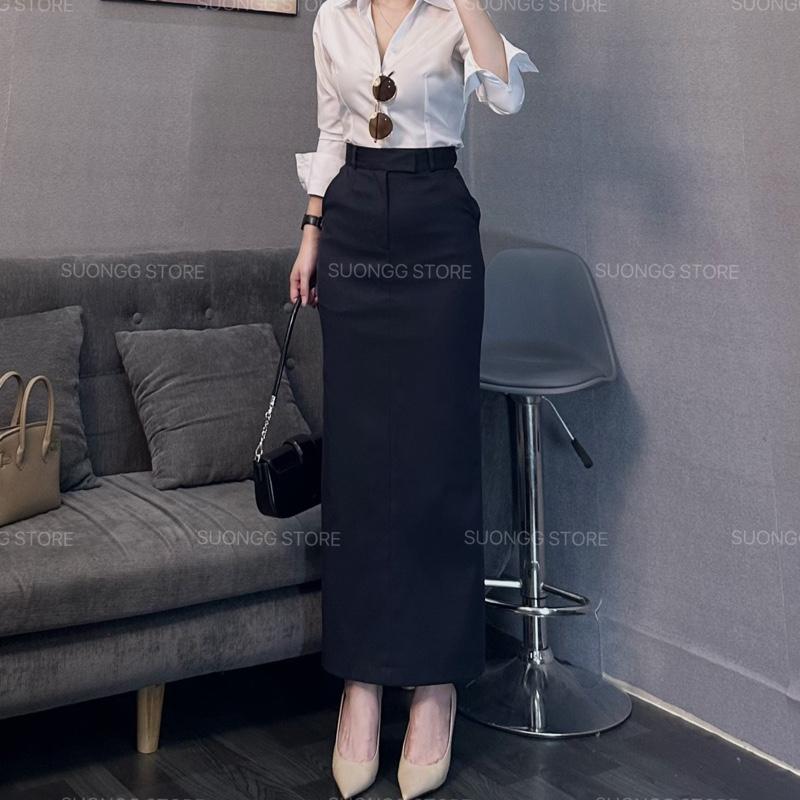 V07 xanh than & Trắng Chân váy lưng tây xẻ sau màu xanh than và trắng dài 92cm chất kaki hàn Suongg
