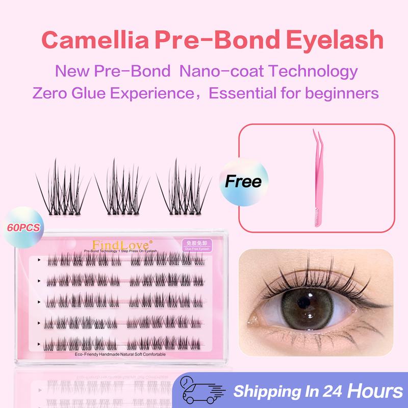 Product Introduction of FindLove Camellia Glue Free Eyelash Pre-Bond Technology  No Glue Needed  DIY Eyelash  1-Step Press On Lashes Self Adhesive Reusable Natural Segmented  Long Lasting  Eyelash Extensions gluefree lashes Cosmetic free Tweezer  Self-Adhesive C Curl Lashes 40