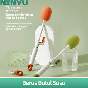 Set Berus Pembersih, Berus Cawan dan Berus Botol dengan Pemegang Panjang, Berus Pembersih Termos 3-dalam-1, dengan Fungsi Pembersihan Alur dan Celah.