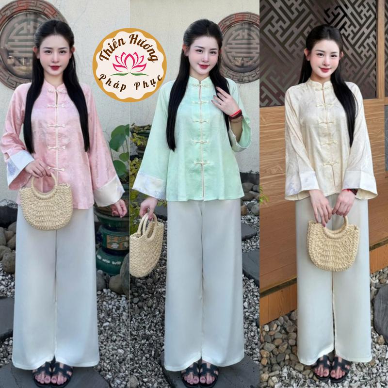 Nguyệt Sa Pháp Phục đi chùa cổ tàu đính khuy đá lụa gấm tô châu Bộ đồ lam đi chùa dài tay phối gấm tiểu thư Thanh lịch