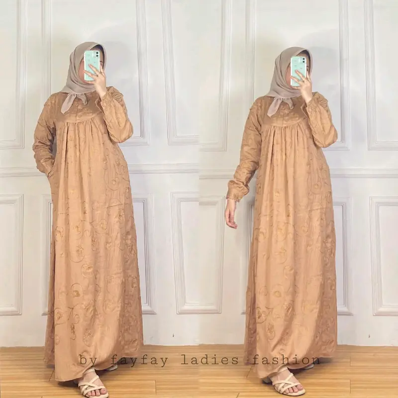 Fay Fay Amanda Baju Gamis Kain Polo Linen Full Bordir Size M LD 94cm Free Hijab Muslim Dress Dewasa lebaran 5