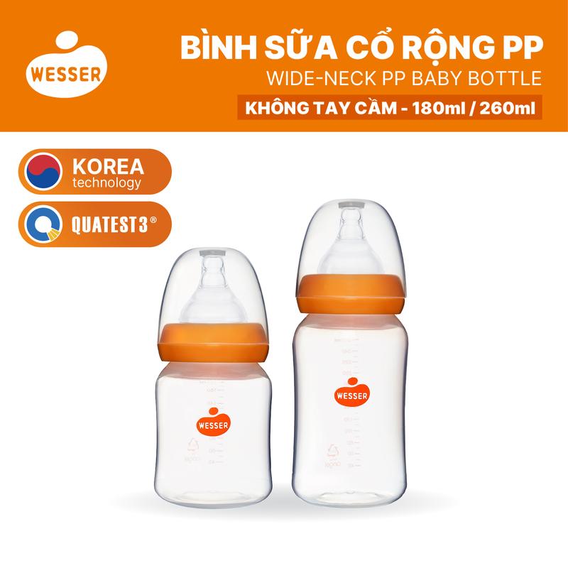 (Mới) Bình sữa cổ rộng PP Wesser 180ml/260ml màu trắng cho Bé - KHÔNG TAY CẦM