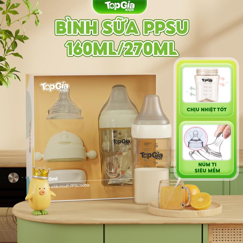 Bình sữa đa năng PPSU Topgiakids cho bé, dung tích 160ml/270ml, tặng kèm núm thay thế và ống hút cho bé tập uống nước (TDN)