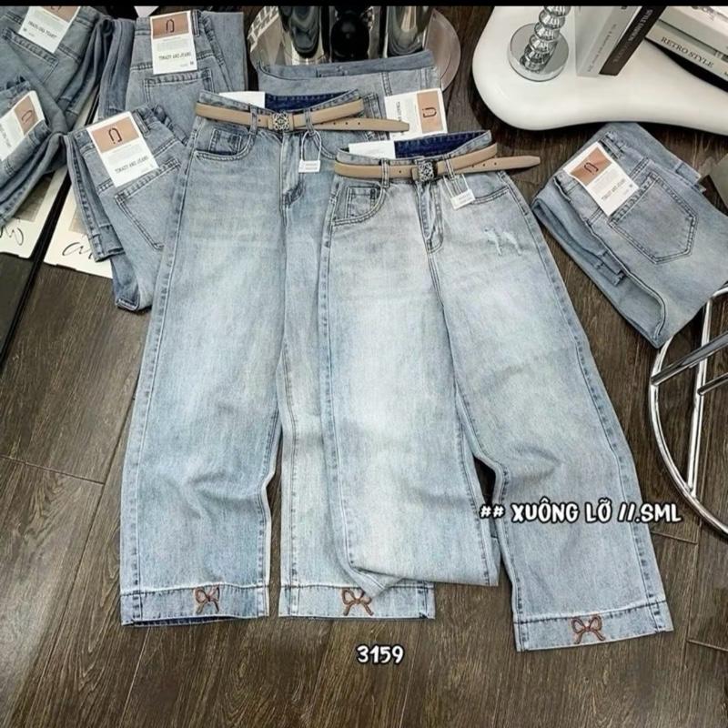 Jean suông 9 tất lưng cao nơ thêu dưới lai chất QC mềm mịn 4