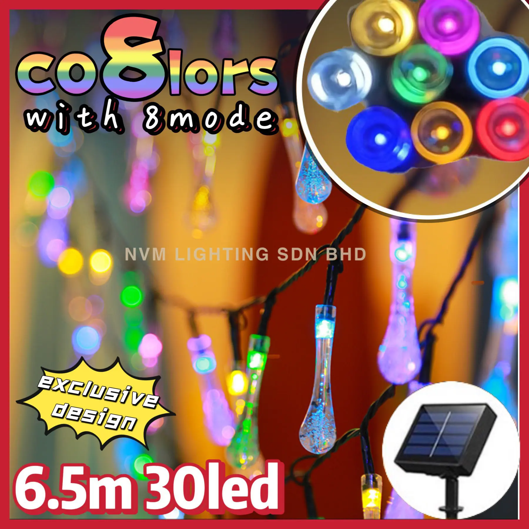 【2025 NEW 8colors】6.5m/30LED Water Drop Solar String Lighting LED 8Colors 8Mode Warm White/RGB Outdoor Home Garden Decorative Waterproof  Lampu Raya Cctv
