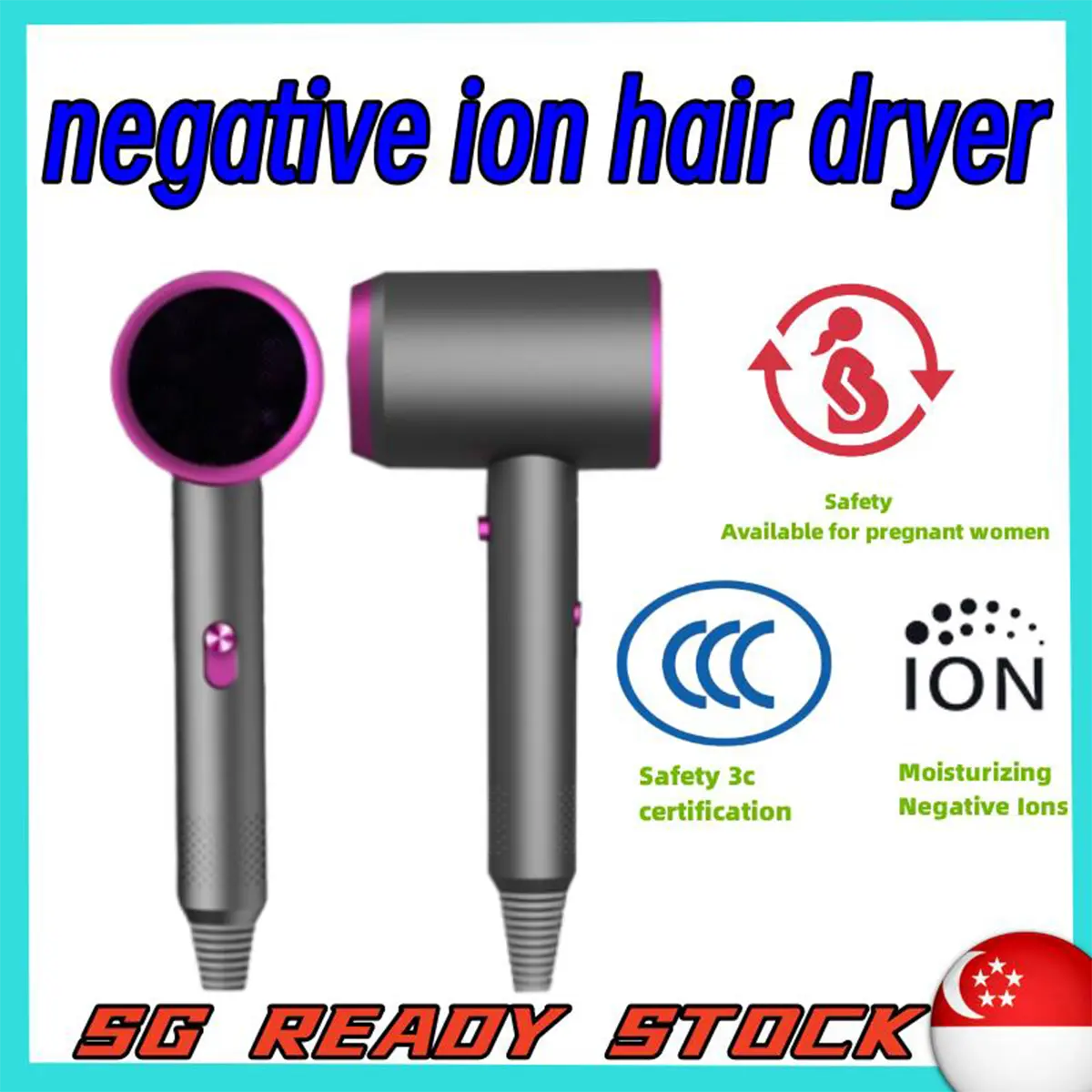 SG Ready StockIonic Hair Dryer 2000W Fast Dry Negative Ions Strong Wind Fast Drying Hair Dryer
