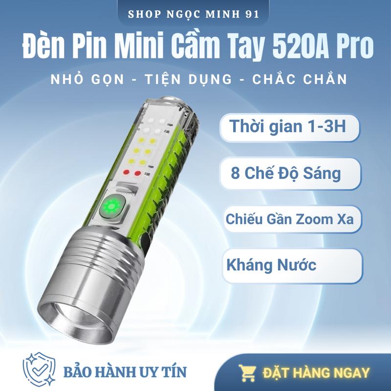 Đèn Pin Bão 520A Pro Chiếu Gần Zoom Xa có nam châm 8 chế độ sáng Kháng Nước đèn dự đèn dự den cam denpin mini đèn dự flashlight