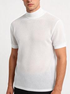 Camiseta de hombre de cuello alto y textura de ondas de agua, tejido sólido, manga corta, estilo casual y deportivo, ropa interior esencial para viajes al aire libre y ocio diario, unisex y neutral