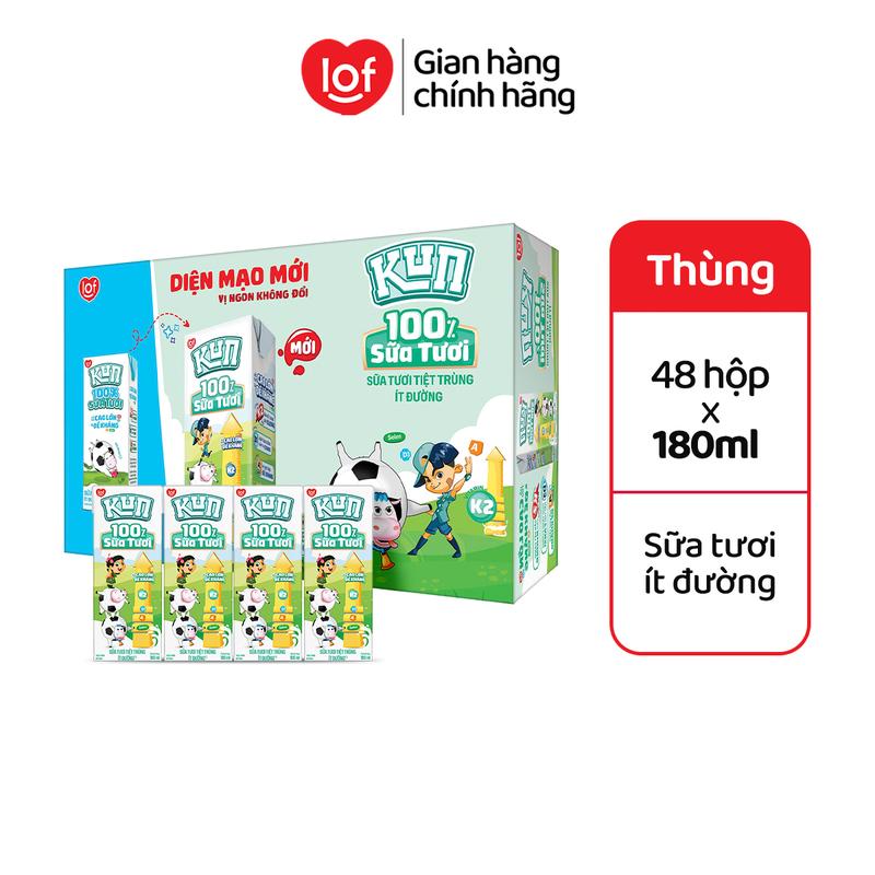 Sữa tươi tiệt trùng ít đường - Sữa tươi KUN 100% (Thùng 48 hộp x 180ml)-LS