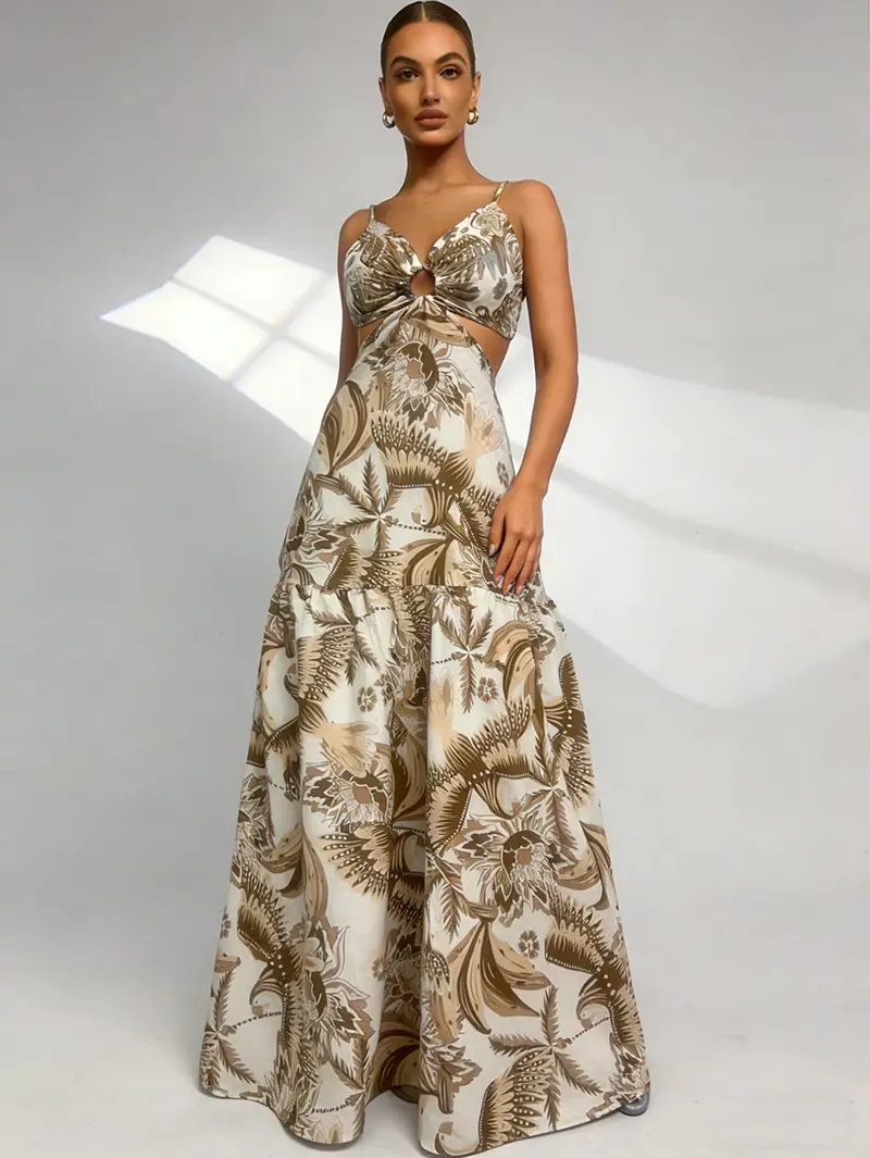 Product Introduction of Vestido LONGo nao bojo boêmia com estampa, recortes e estilo de férias 3