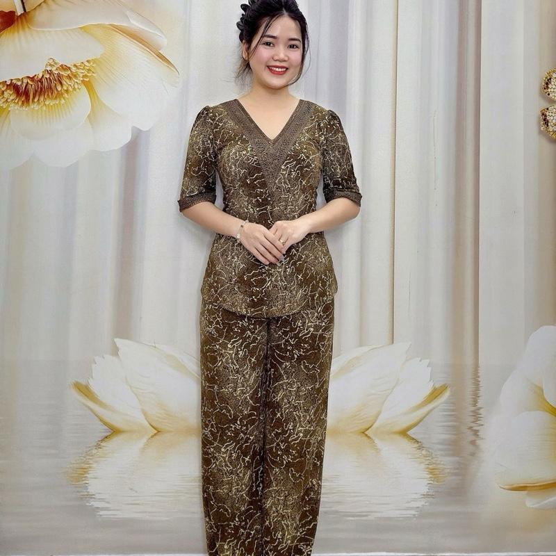 B21 Đồ bộ bông thun nữ trung niên thiết kế cổ tim đè ren, tay lỡ quần ống suông bo ren thương hiệu Hải Sơn women