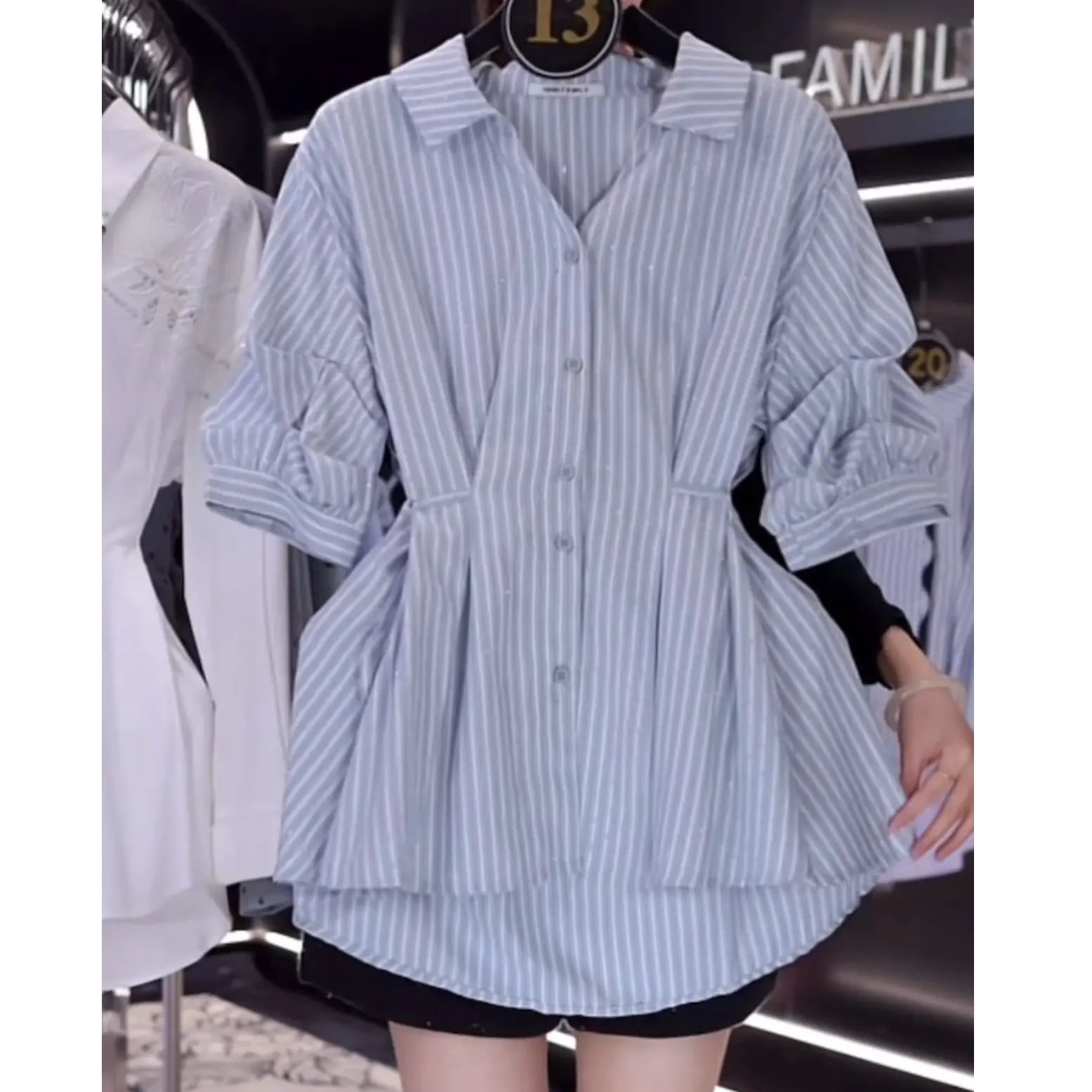 French Style V-neck Puff Sleeve Shirt Summer New Fashion Elegant Striped Top