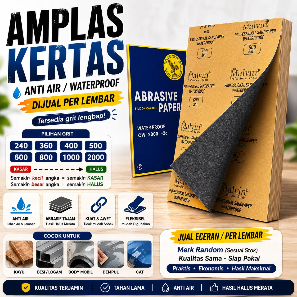 Amplas Kertas Lembaran Tahan Air Kertas Pasir Gosok Waterproof Silicon Carbide Grit 240 Sampai 2000 Penghalus Bodi Motor Mobil Cat Duco Bahan Mika Plastik Logam Karat Alat Perkakas Tukang