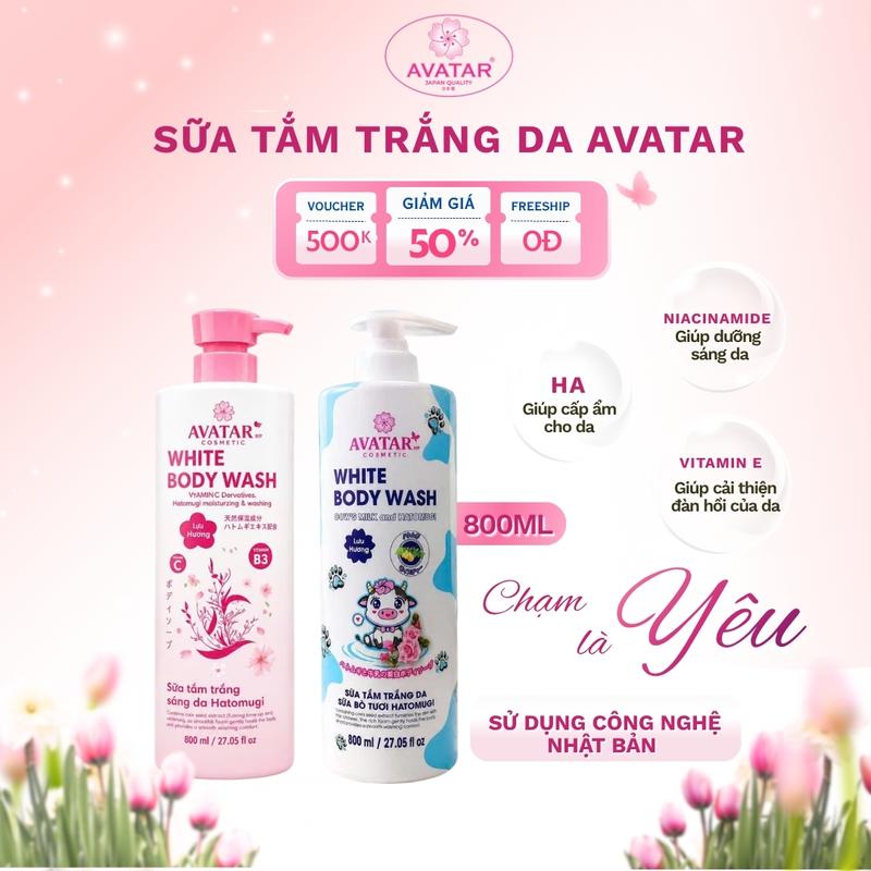 [Độc quyền KOL CAM Academy]Avatar Sữa Tắm Trắng Da White Body Wash 800mL Vitamin B3 Mềm Mại & Tươi Sáng với Hạt Ý Dĩ & Vitamin E B1 B12 Dưỡng Chất Chính Hãng
