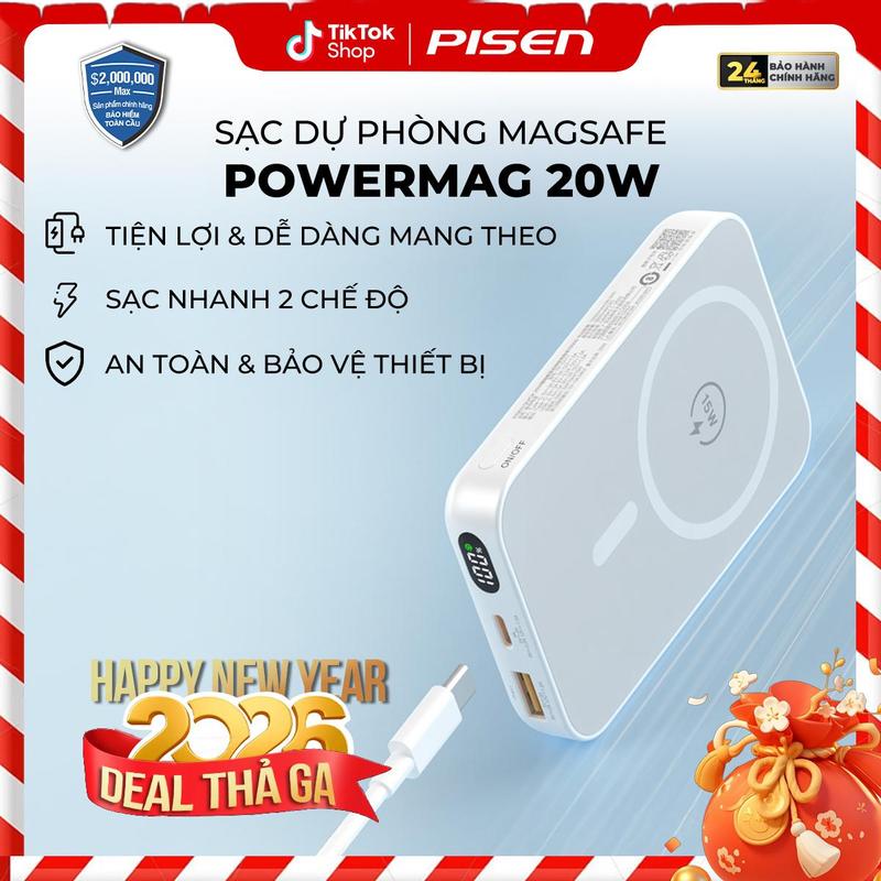 PISEN Sạc Dự Phòng Không Dây Magsafe PowerMag 20W 10000mAh Digital Siêu Nhỏ | Sạc Nhanh 2 Chế Độ 2 Cổng Sạc Nhỏ Gọn Bỏ Túi Dễ Dàng Mang Đi Phù Hợp Điện Thoại Android IOS | TP-D111 | Bảo Hành 24 Tháng | Bảo Hiểm 2 Triệu Đô Toàn Cầu