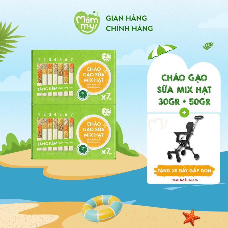 DEAL LIVE [Tặng XE ĐẨY GẤP GỌN] Combo 2 Hộp cháo gạo mix hạt  Mămmy STEP1: 7 gói x 30gr + STEP2: 7 gói x 50gr Food 1