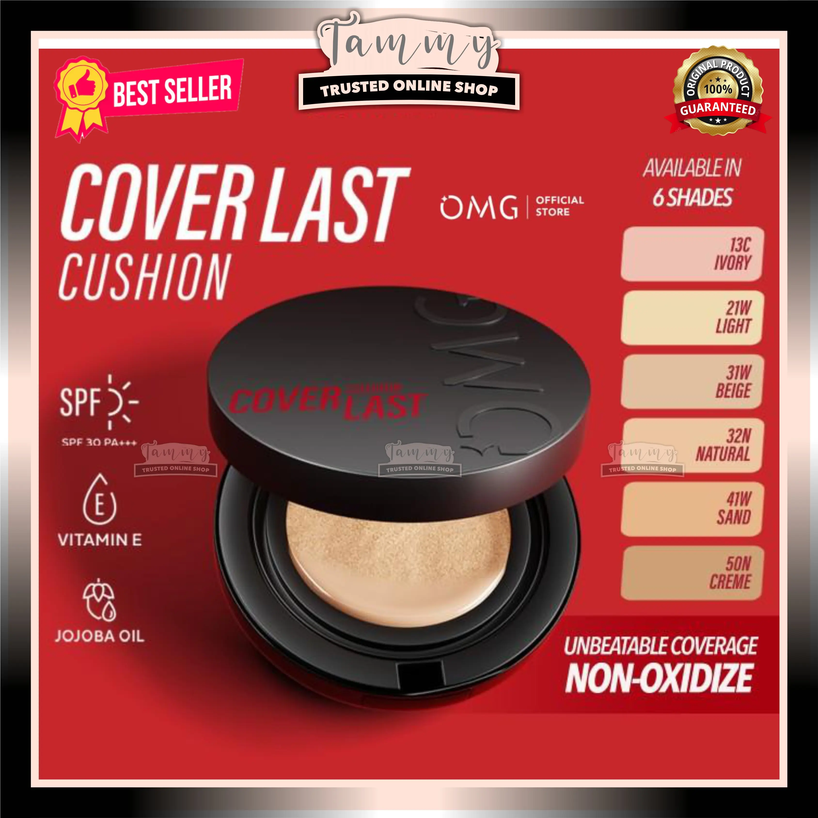 OMG Oh My Glam Coverlast Cushion 15g - Foundation Concealer Skin Tint Make Up - High Coverage Dewy Finish Glow - Tahan Lama Hingga 12 Jam