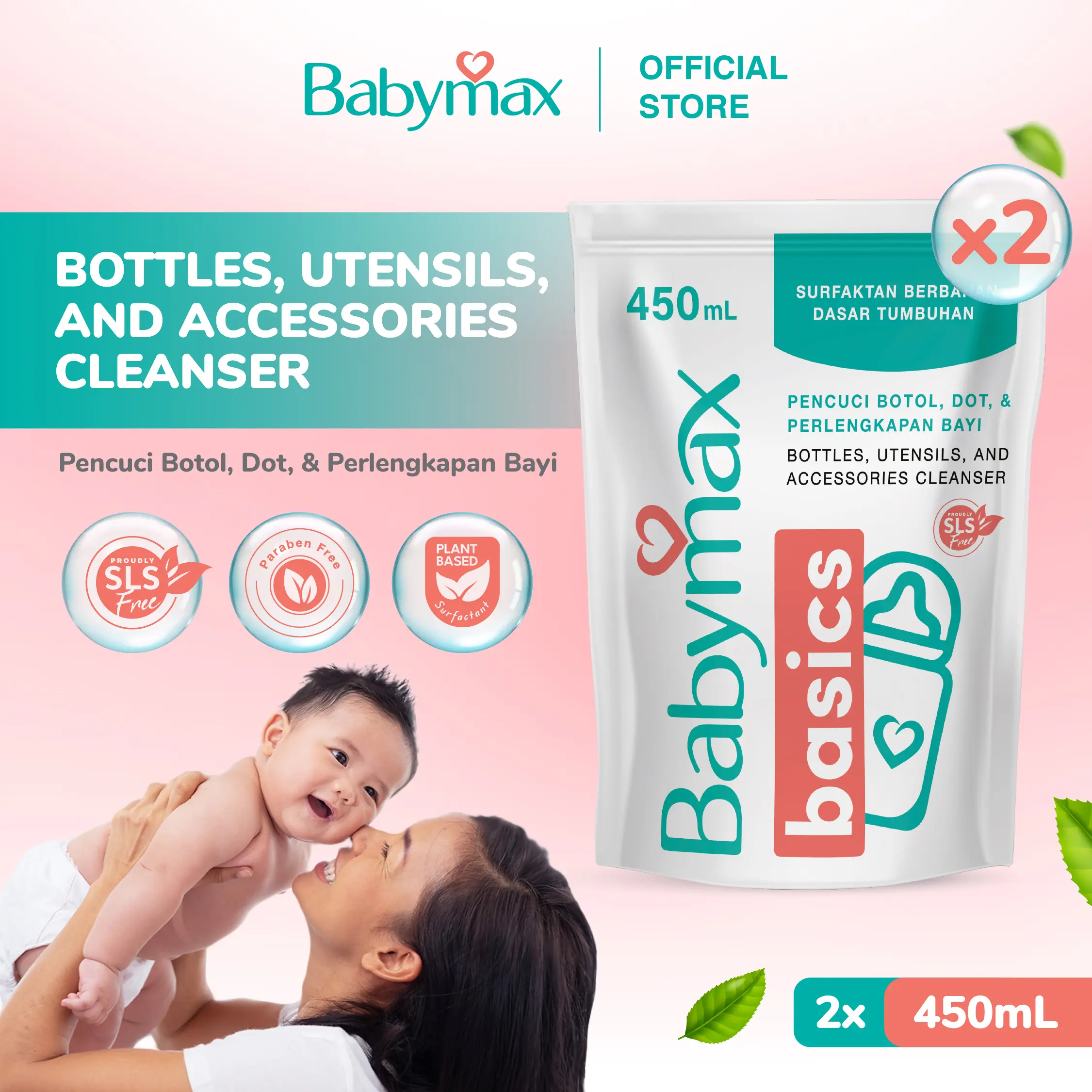 Babymax Basics Bottle, & Utensils, Cleansers 450 mL (isi 2 pcs) - Sabun Cuci Botol Bayi - SLS Free - Natural