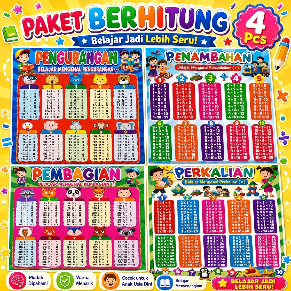 Paket Berhitung 4 Pcs - Belajar Mengurangi Penambahan Pembagian Perkalian - Mudah Dipahami Warna Menarik Cocok untuk Anak Usia Dini
