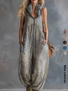 Mono de mujer para verano con capucha y cierre de cremallera, estampado de leopardo, estilo streetwear holgado tipo harem (1 pieza).