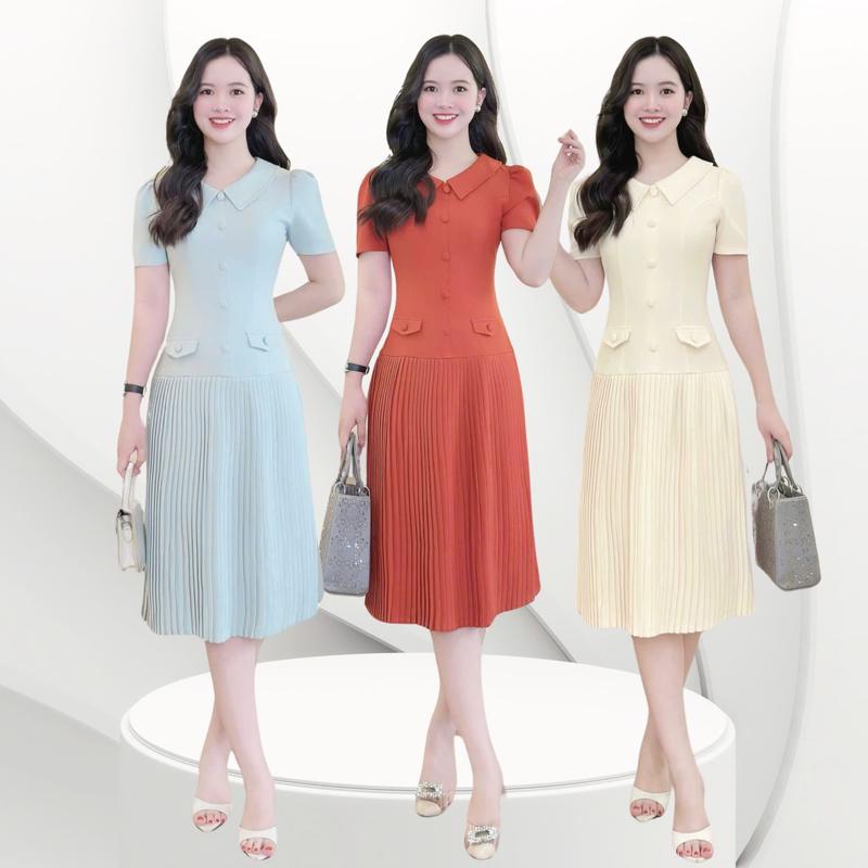 Đầm váy nữ thiết kế Nhật Vy cổ tim tay ngắn xếp ly dáng xoè bigsize công sở văn phòng đi dự tiệc màu hồng kem xanh cam đen - D3299
