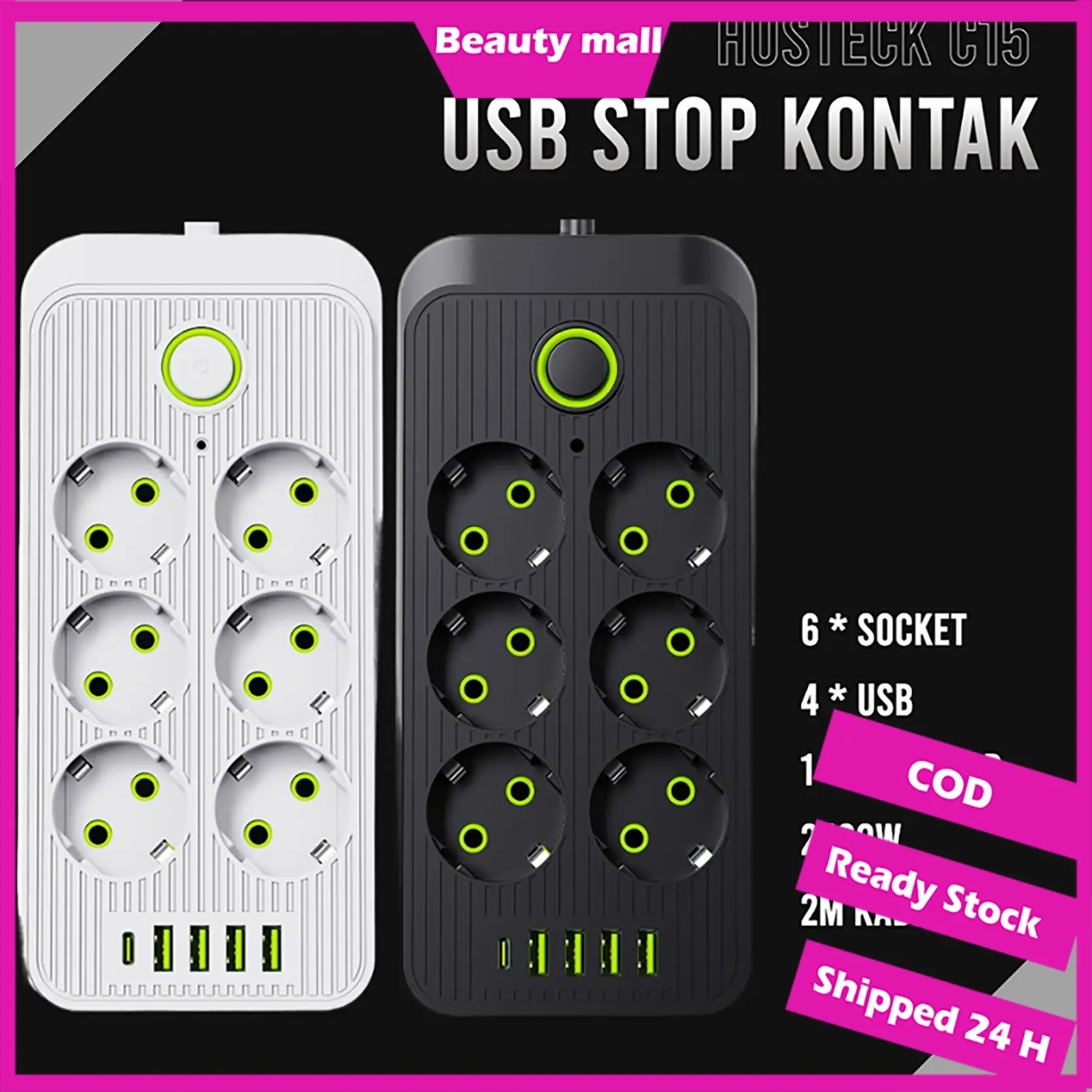 【Siap Stok COD】2500W Stop Kontak USB Kabel Serbaguna Multiguna Panjang 2 Meter Original Power Socket Sakelar Independen dengan Power Socket 4 Port USB 10 Port Stop Kontak 2* Type-C Port