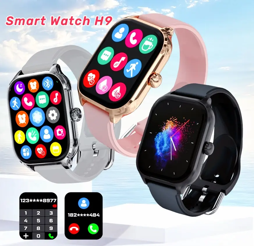 Jam Tangan Pintar, H9, Untuk Lelaki dan Wanita, Jam Tangan Sukan, 2.01 inci, Paparan Dail, Panggilan, Permainan, Bluetooth, Muzik, Kalkulator, Jam randik, Serasi dengan Android dan iOS