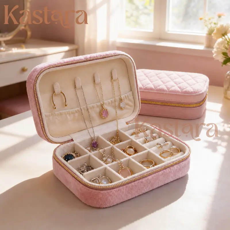 Tempat Perhiasan Medium Resleting Jewelry Box Kotak Perhiasan Travel Size Bahan Bludru Organizer